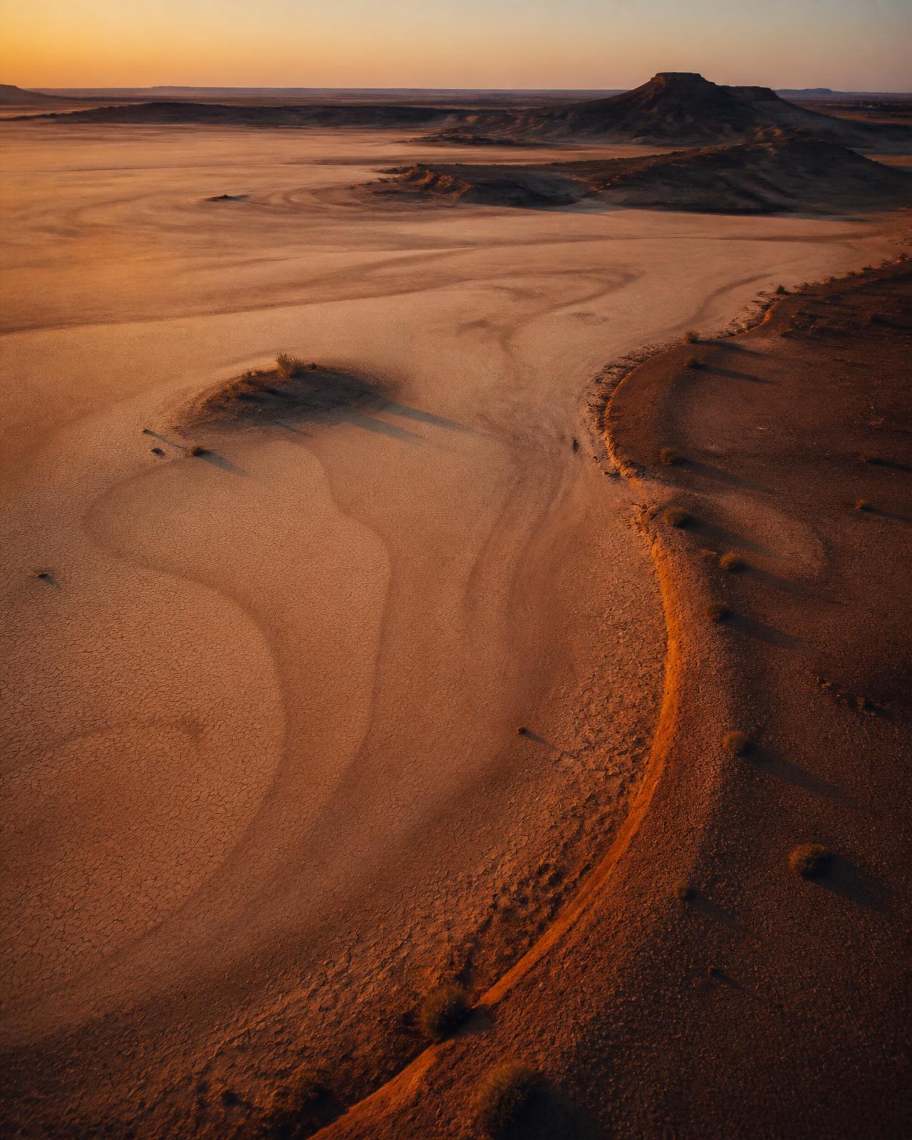 Aerial view of a vast Australian claypan at golden hour
